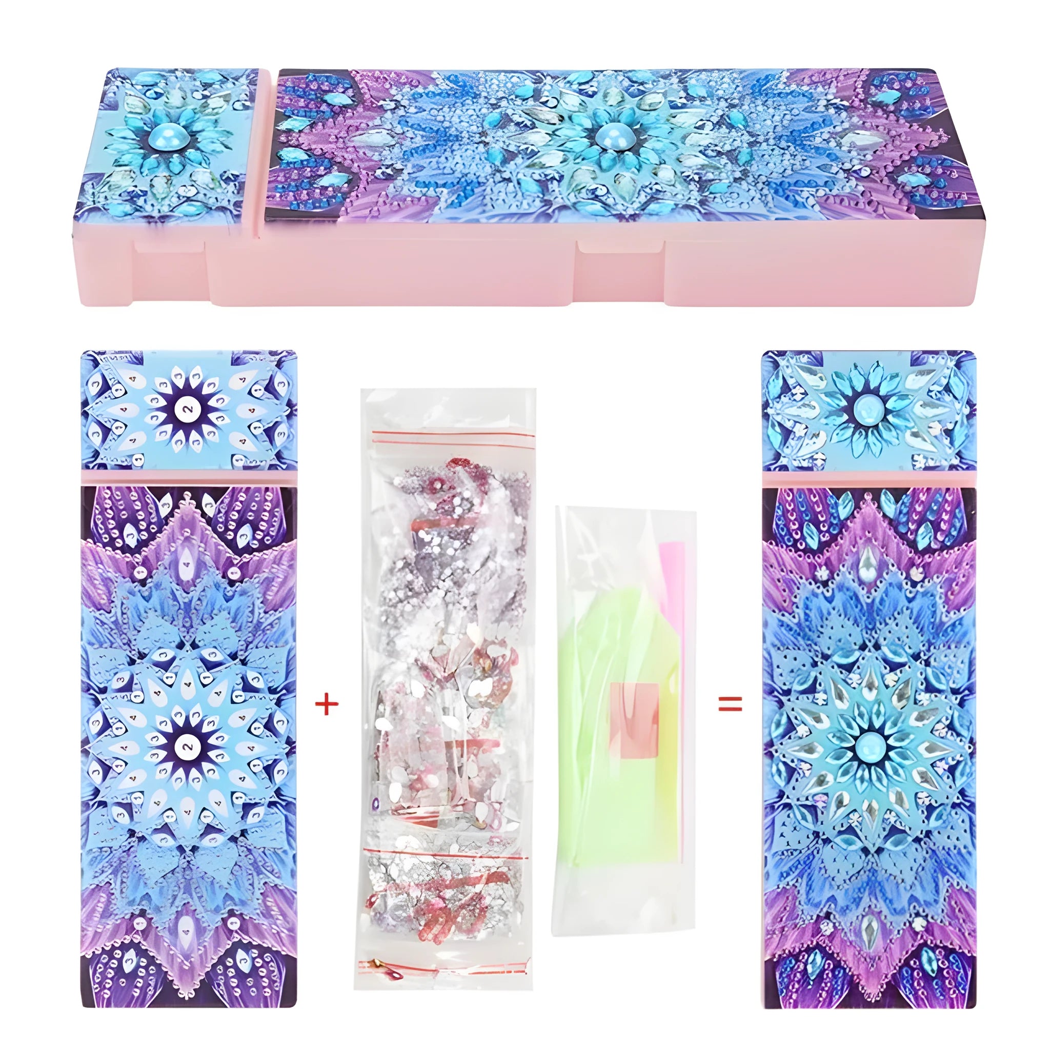 DIY diamond painting kit with PU leather wristlet bag and colourful resin rhinestones for crafting.