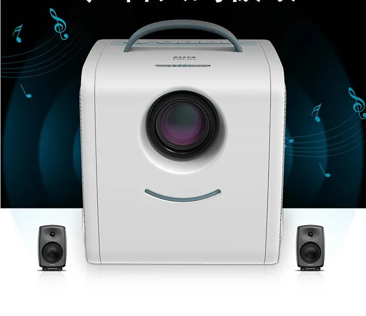 Mini home theater projector displaying a 20-70 inch image on a wall with blue or pink colour options and US plug