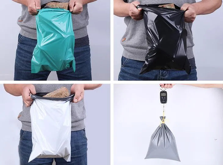 Clear plastic PE clothing courier bag with red sticker closure, showing size options.