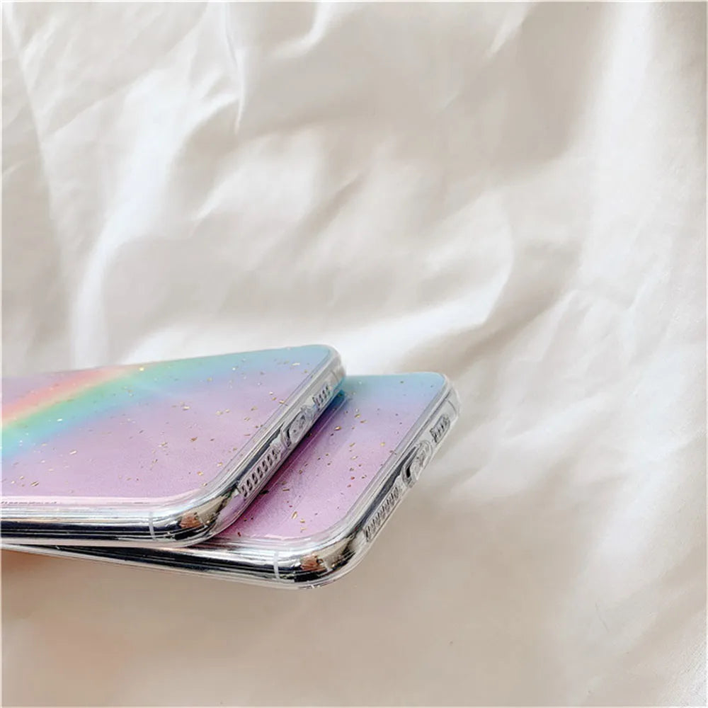 Rainbow gradient striped TPU phone case for iPhone models on a white background.