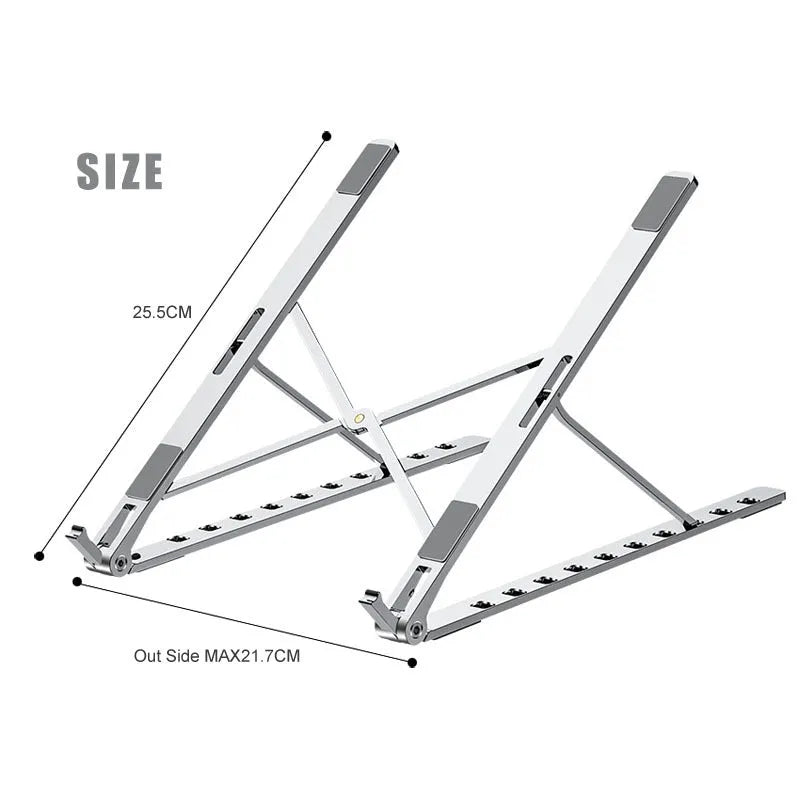 Adjustable foldable aluminium laptop stand with silicone pads for 7-15 inch laptop, silver colour