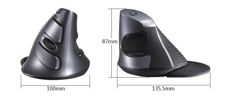 Black M618 wireless vertical ergonomic mouse on a desk, showing its 57-degree angled design and side buttons.
