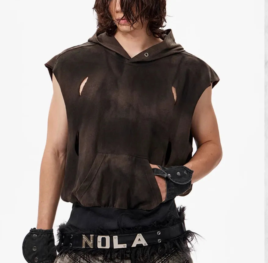 Khaki coloured short-sleeved cotton hood vest for youth, shown on a hanger.