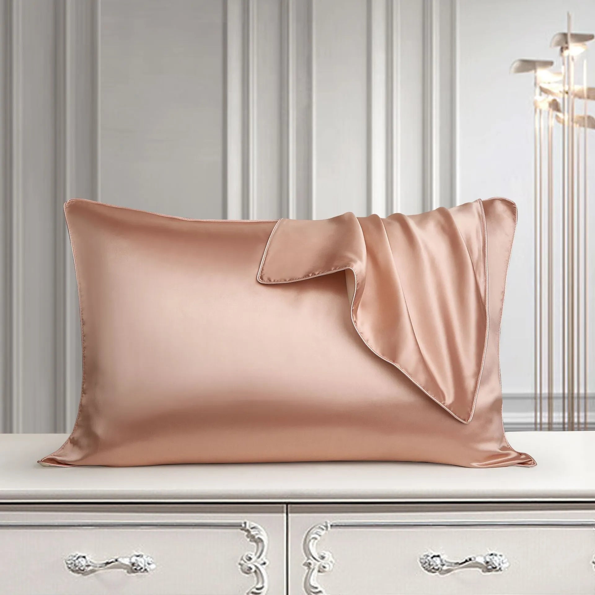 100% mulberry silk pillowcase in palace luxury style, size 48cm by 74cm.