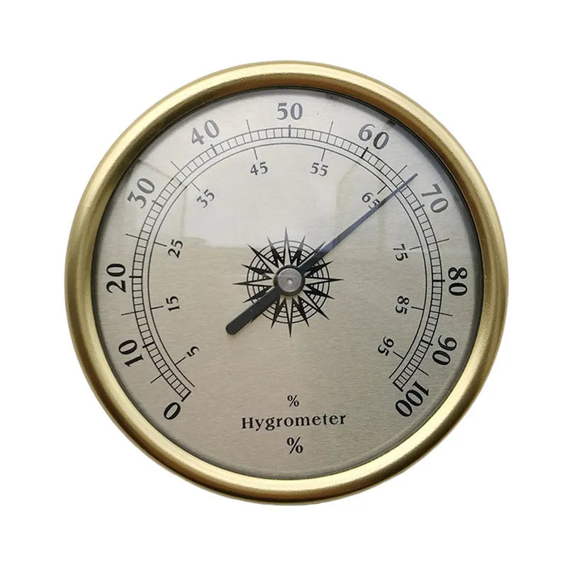 White analog thermometer and hygrometer with aluminium ring and dial for indoor and outdoor use.