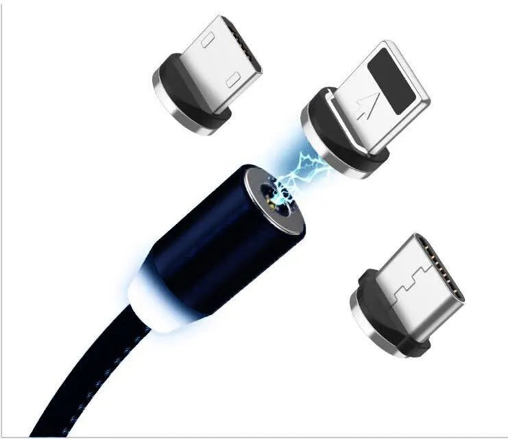 1 metre magnetic LED charging cable with cotton woven cord and three-in-one connector in aluminium shell
