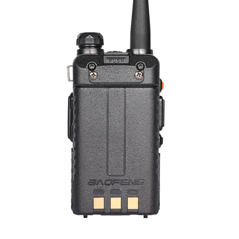Compact black VHF UHF two-way radio walkie talkie with LCD display, showing 128 channels and long battery life.