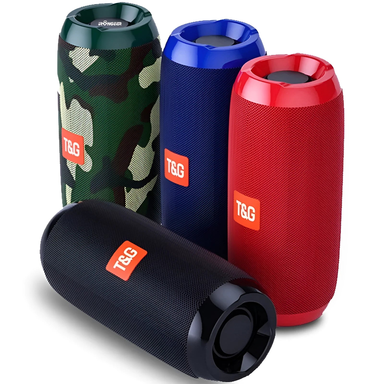 Portable IPX5 waterproof Bluetooth speaker in black with mesh grille and cylindrical design