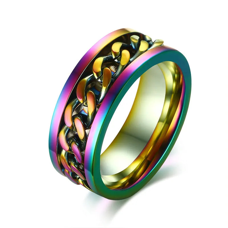 Silver stainless steel rotating ring for men with geometric shape on white background