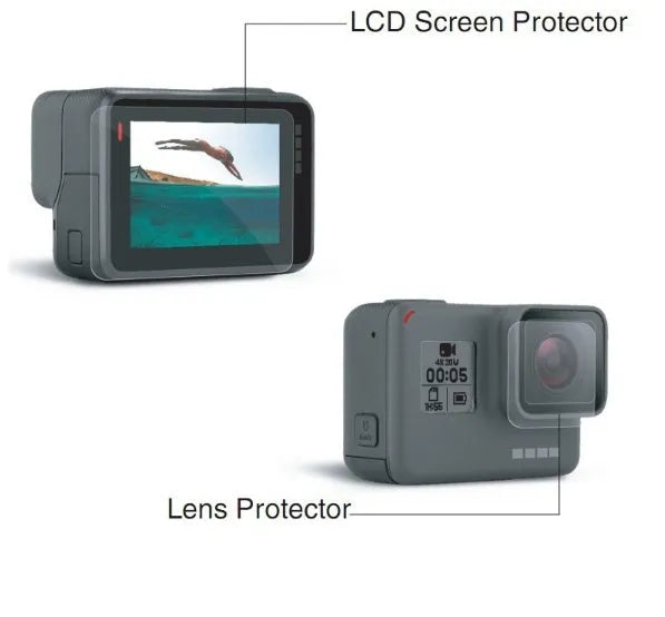GoPro Hero 5 6 7 camera with transparent tempered glass lens and LCD screen protector films.