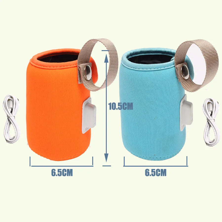 Orange and blue USB-powered baby bottle warmer wrap showing size and USB connector.