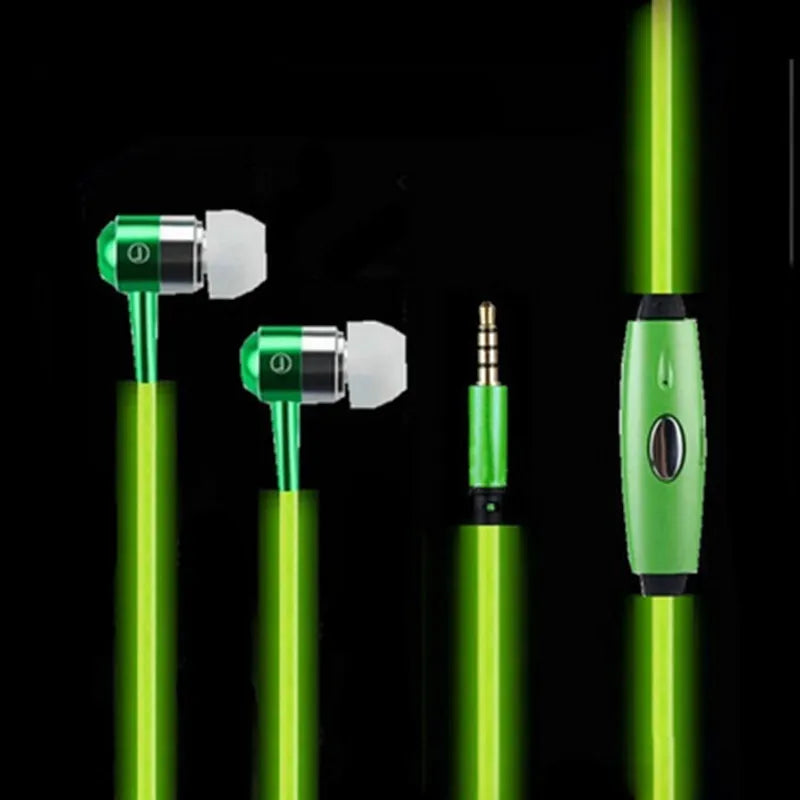 Blue LED light-up earphones with 3.5mm plug and remote control, flashing in sync with music.
