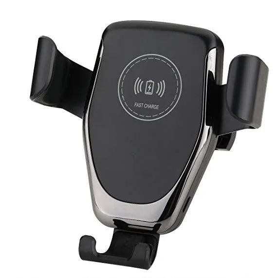 Black car wireless charger mounted on a dashboard, automatically holding an iPhone.