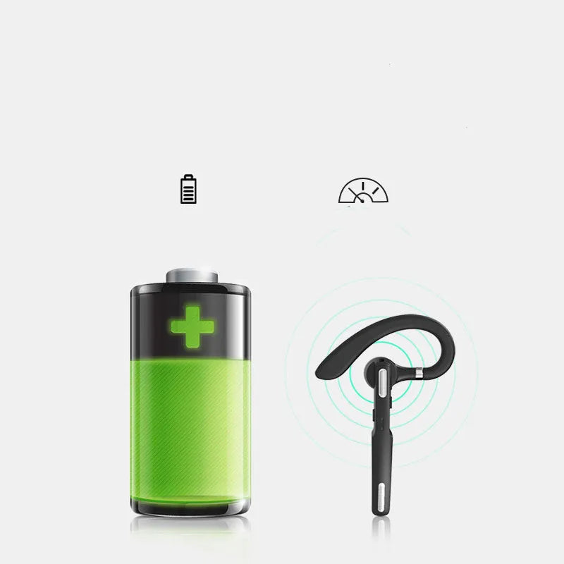 Black mono ear Bluetooth headset with hanging ear loop design, showing IPX6 waterproof and active noise cancellation features.
