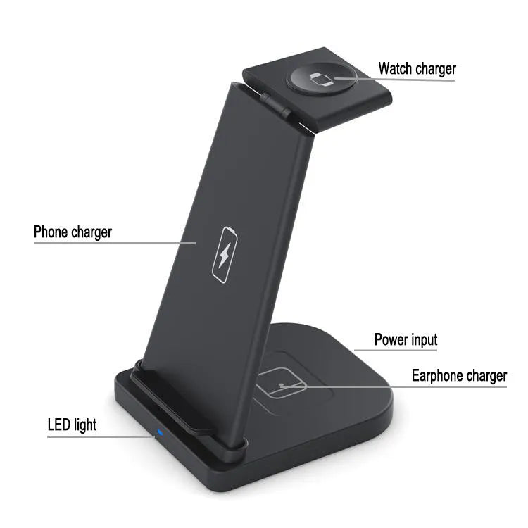Black foldable 3-in-1 wireless charger showing phone, headphones and watch charging simultaneously