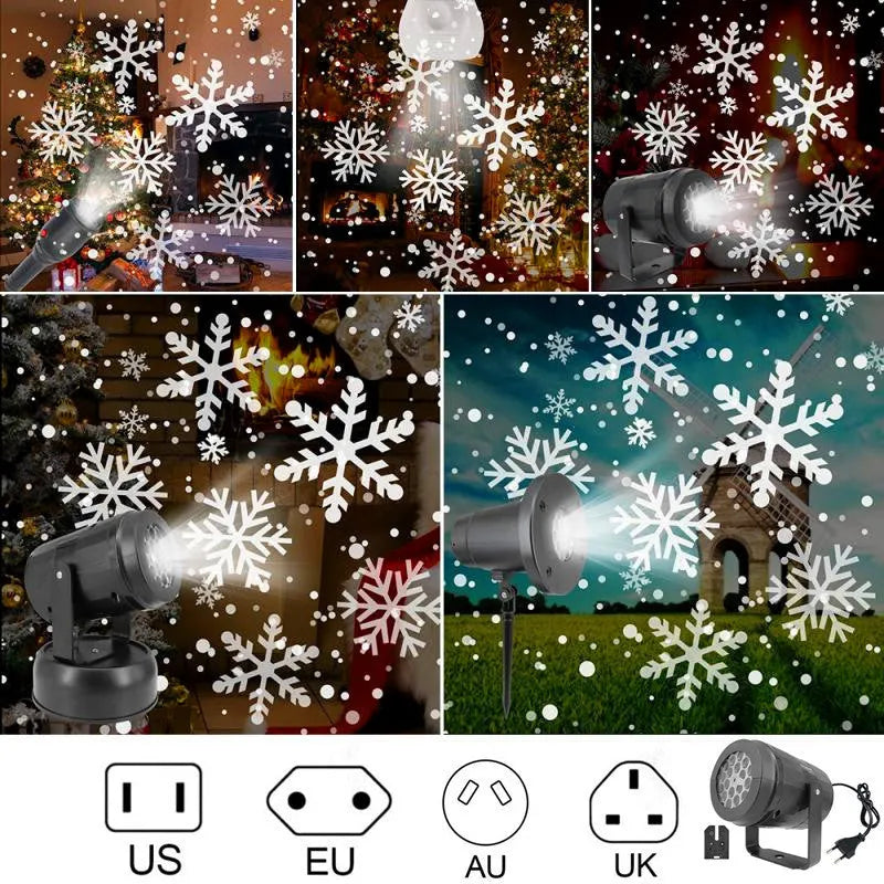 Christmas LED snowflake projector light showing rotating festive patterns for outdoor and indoor holiday decoration