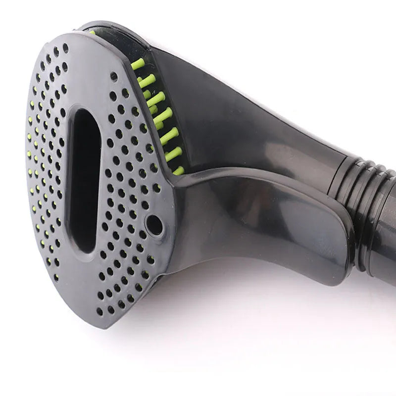 Black and green pet grooming brush with TPE head for removing loose hair from dogs