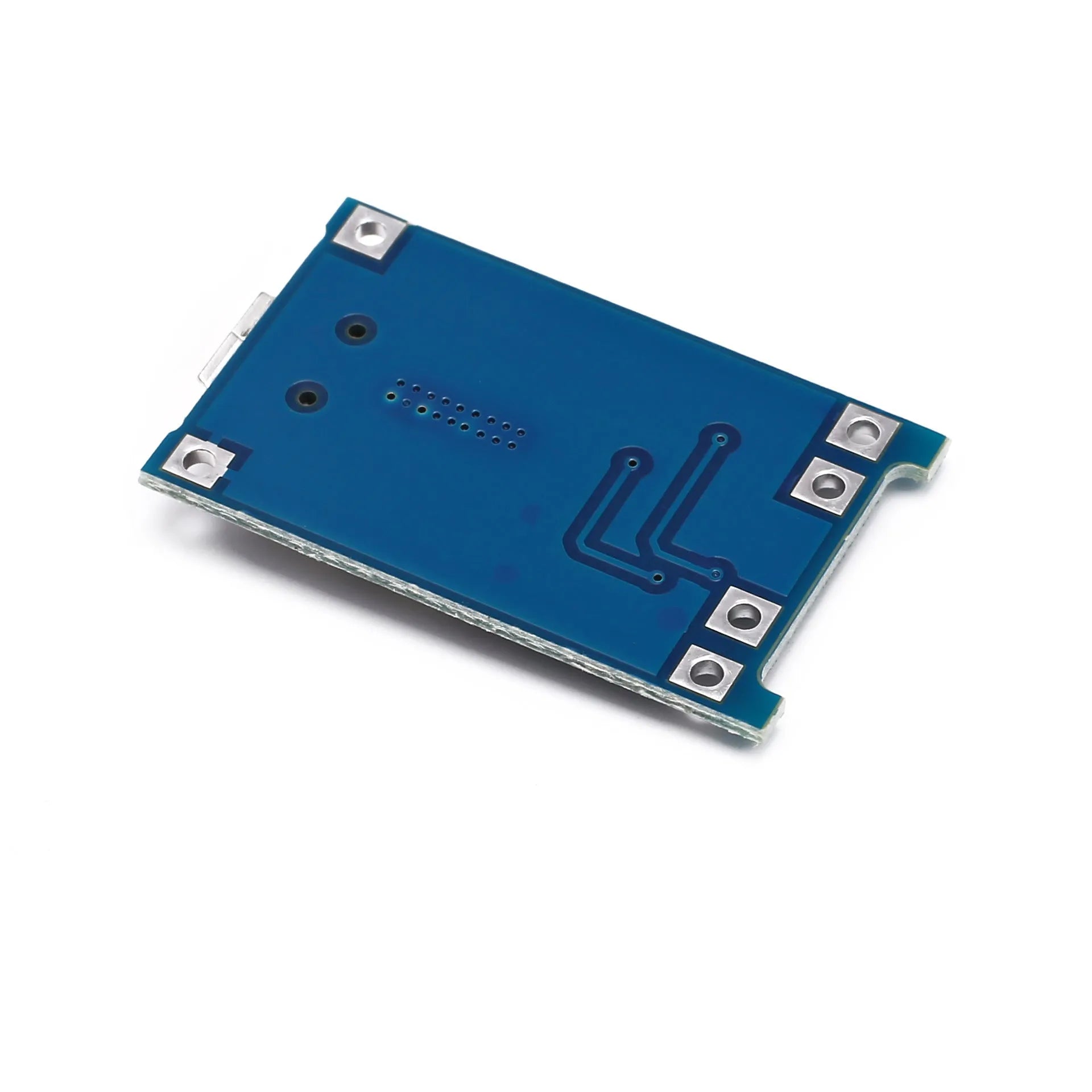 Small blue lithium battery charging and protection circuit board with solder terminals