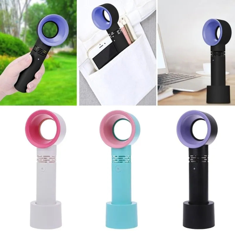Portable bladeless fan with USB cable and base in assorted colours