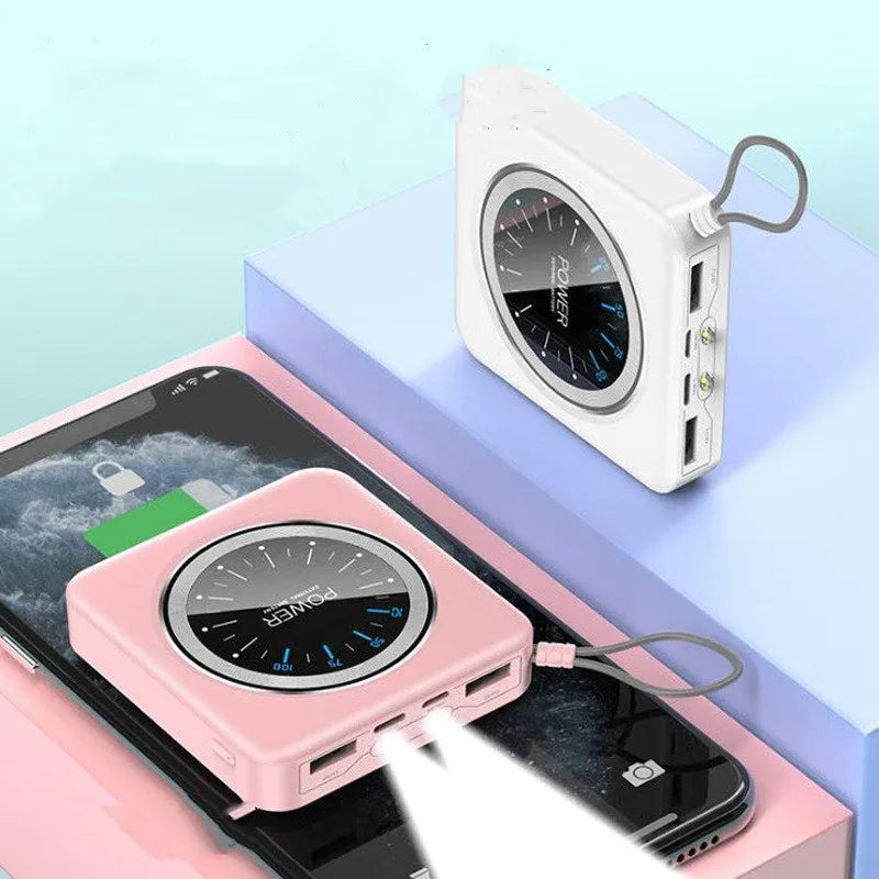 Compact mint green alloy power bank with a digital clock display, showing time and charging ports.