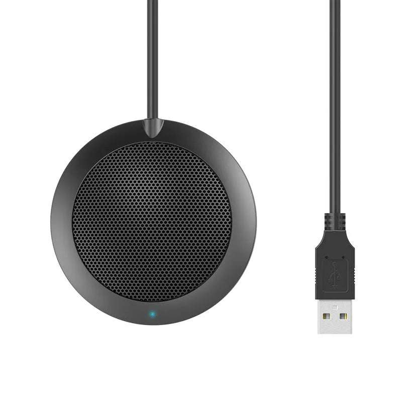 Black USB desktop conference microphone with metal mesh grill and 70mm diameter.