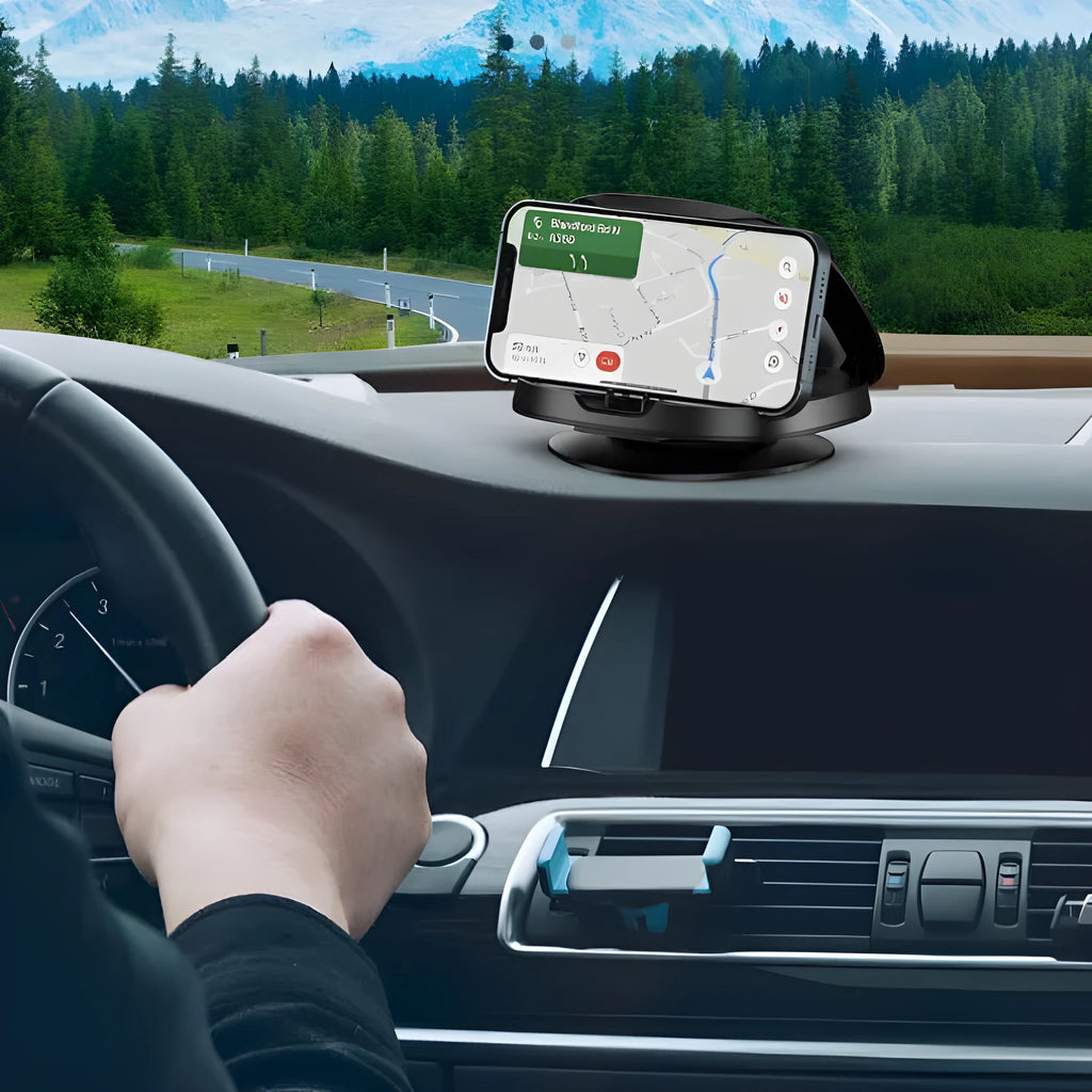 Black rotating suction cup car phone bracket mounted on windscreen with smartphone in cradle
