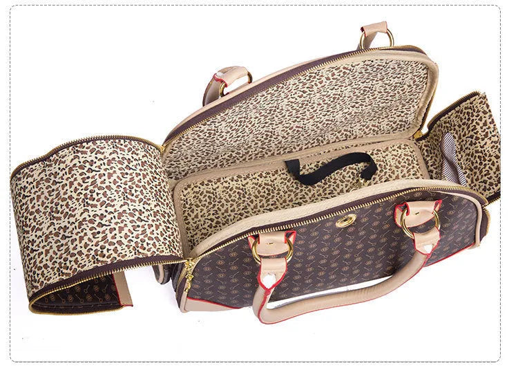 Anti-squeeze PU embossing pet travel bag for cats and dogs coffee white colour