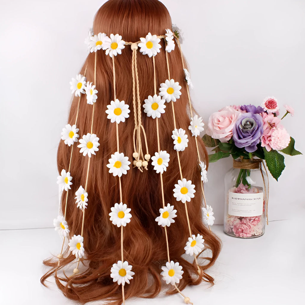 Handmade sun flower headdress garland hair band with Korean velvet and wooden beads in a bohemian style