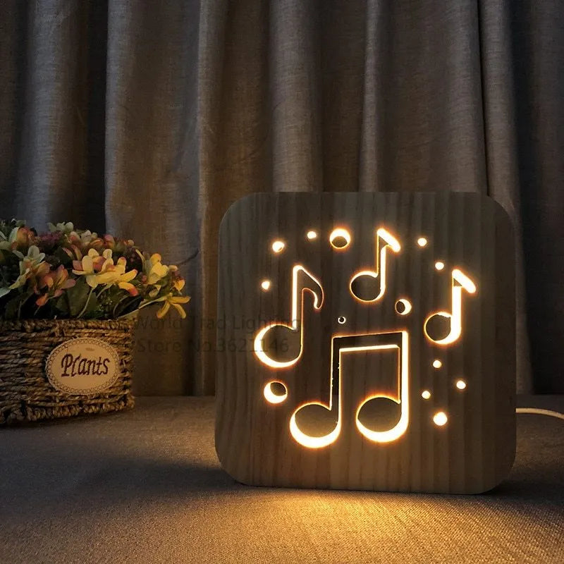 Square pine wood USB LED lamp emitting warm white light on a wooden surface.