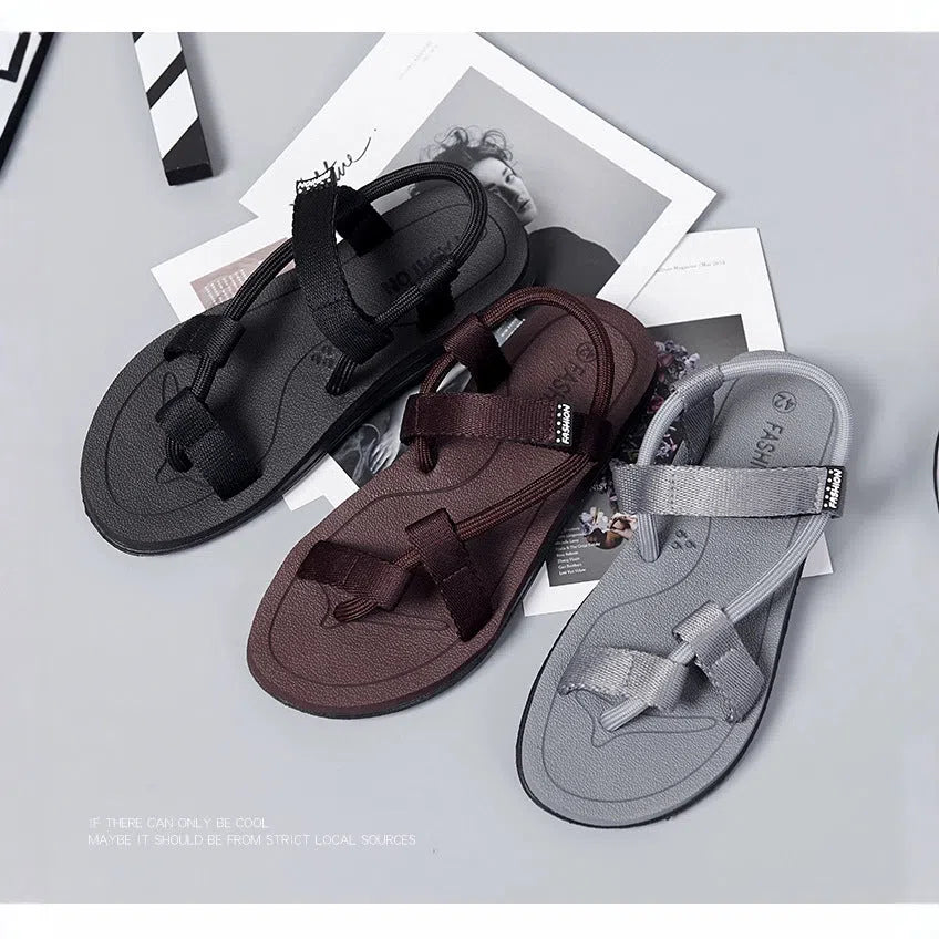 Men's breathable canvas open-toe beach slippers with Velcro strap in black, brown, and gray