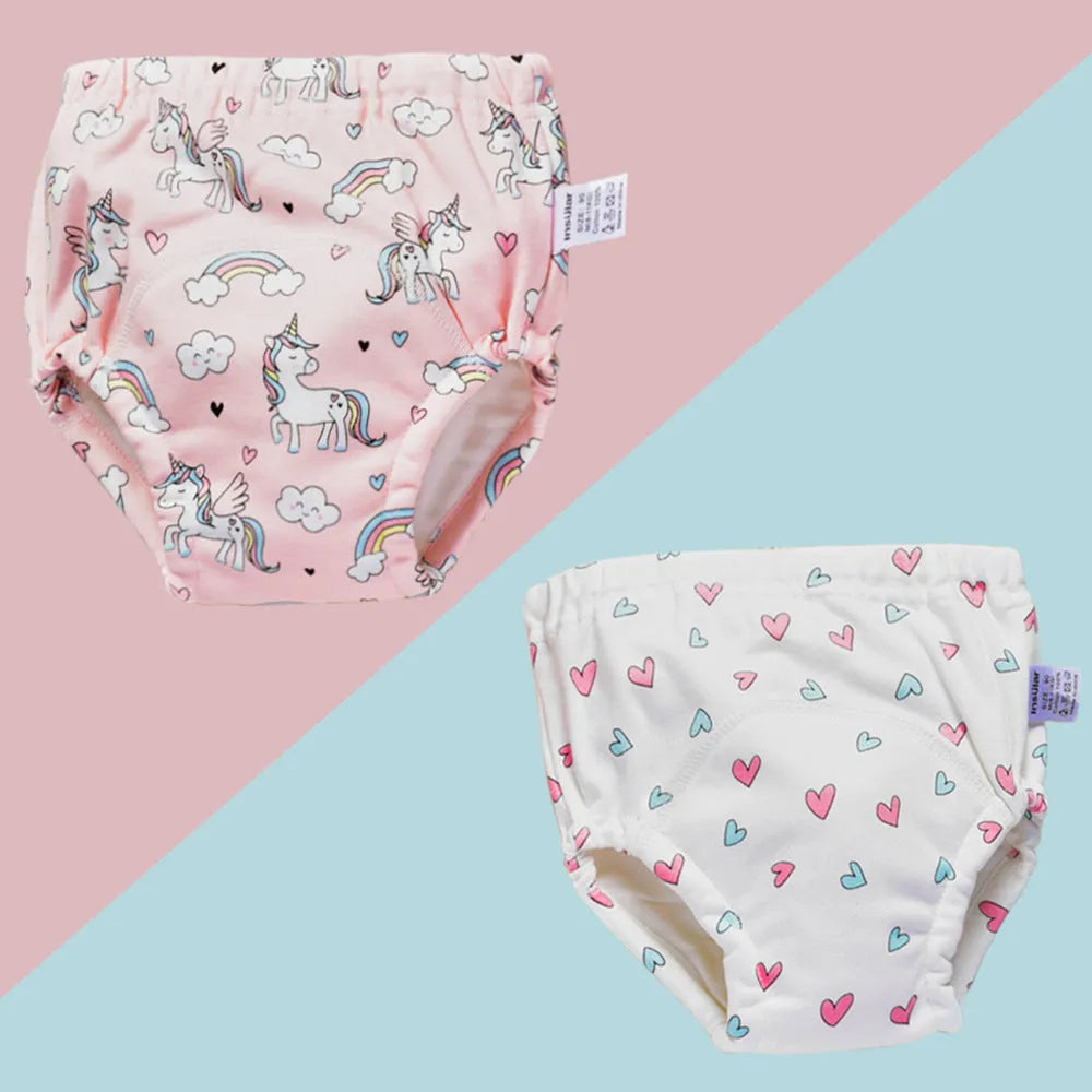 Baby training learning pants in cotton gauze with TPU waterproof layer, shown in panda print on white background