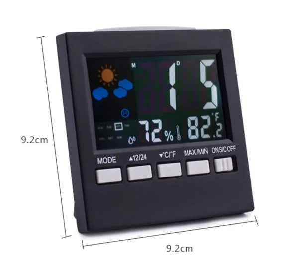 Black multifunctional perpetual calendar alarm clock thermometer with voice-controlled backlight and weather forecast display