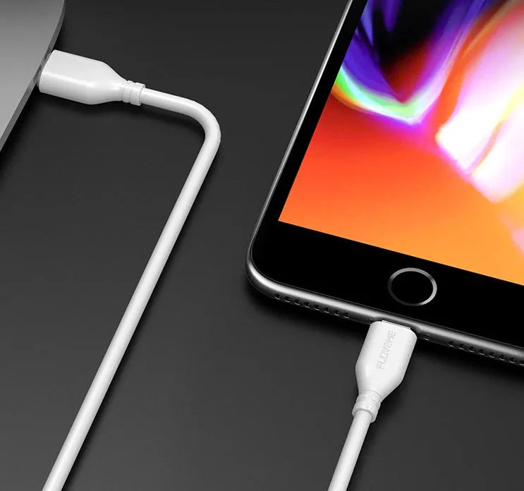 White USB-C to Lightning charging cable with nylon braiding shown at full 2-metre length