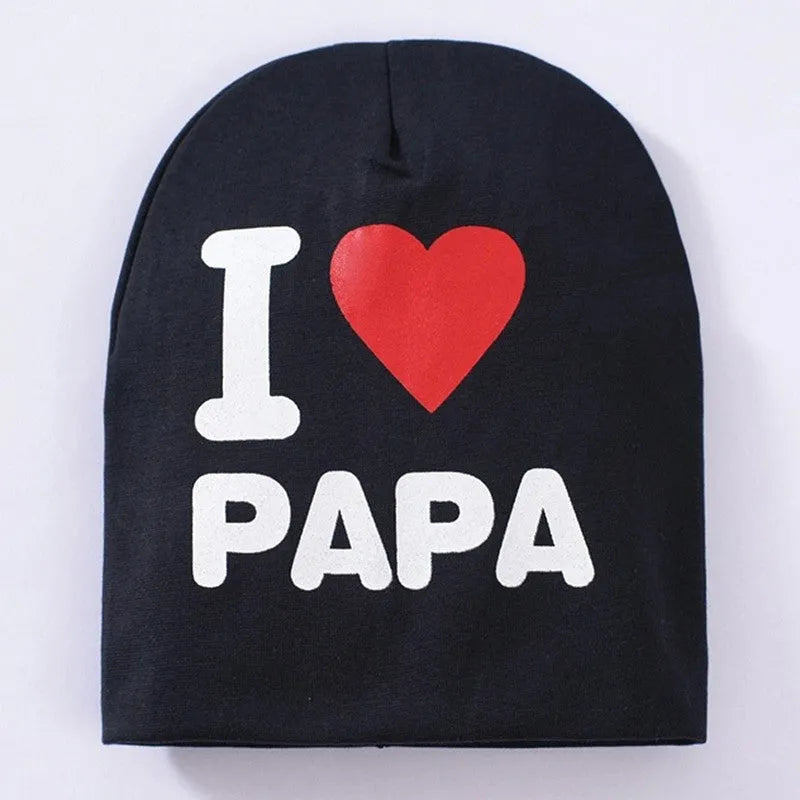 Baby hat in cotton-lycra blend for winter, shown in black with Love mama print.