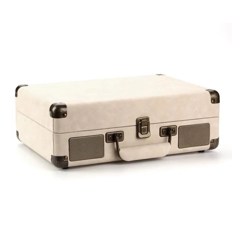 A black leather case Bluetooth turntable for vinyl and film records on a wooden surface.