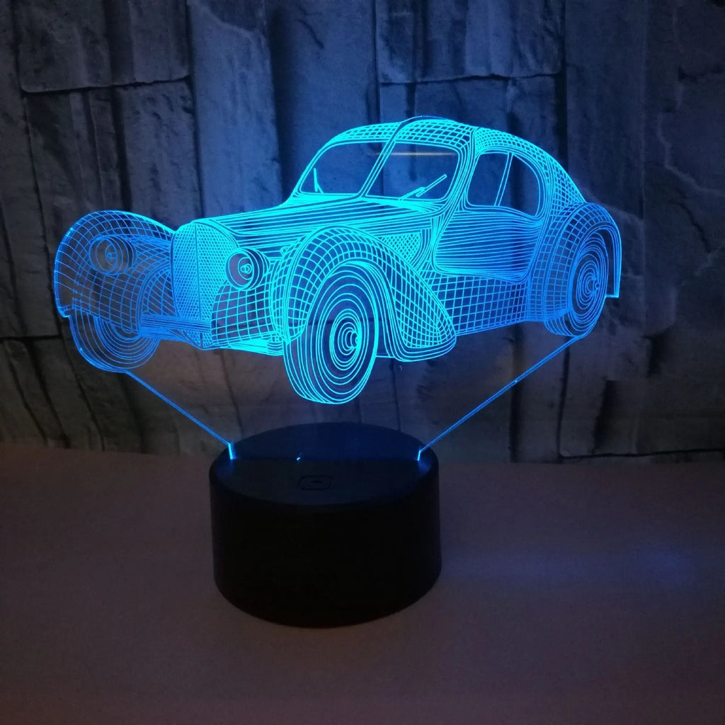 Classic car USB 3D night light with acrylic panel, ABS base, and remote control showing seven colour options
