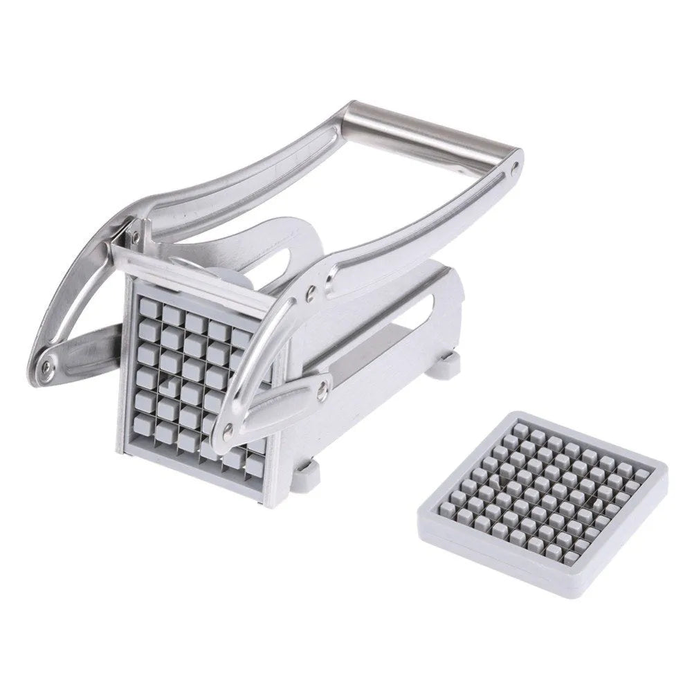 Manual potato cutter with stainless steel blades and non-slip rubber foot for French fry preparation