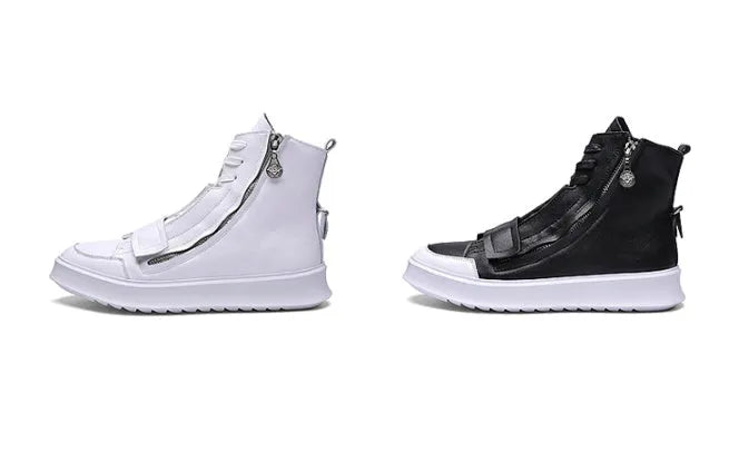 Men's black and white high-top ankle boots in PU leather microfiber for winter.