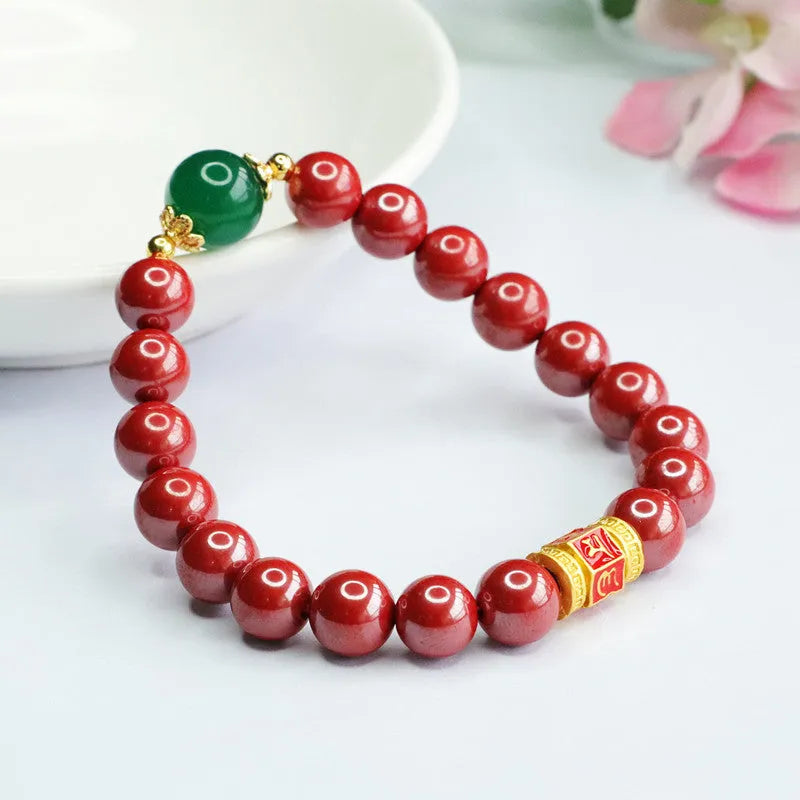Emperor sandstone cinnabar bracelet with six-word Buddhist motto on adjustable band