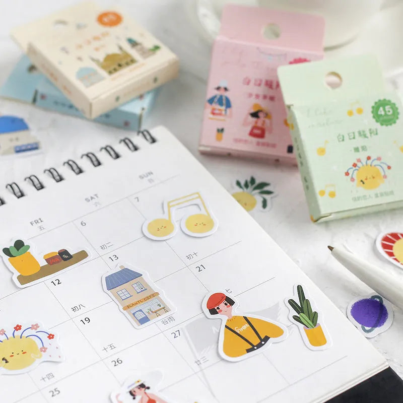 Cute cartoon stickers 45-piece boxed set with 15 patterns in 43x43mm size for scrapbooking and journaling