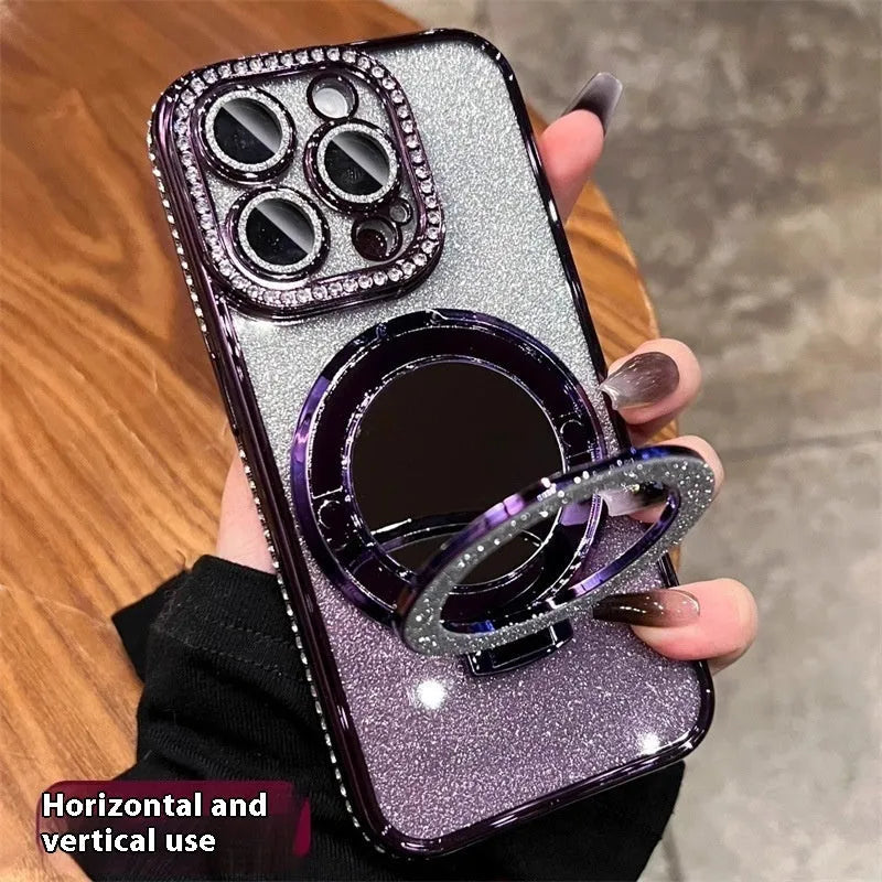 Gradient glitter phone case for iPhone with a built-in flip-out makeup mirror on a stand.
