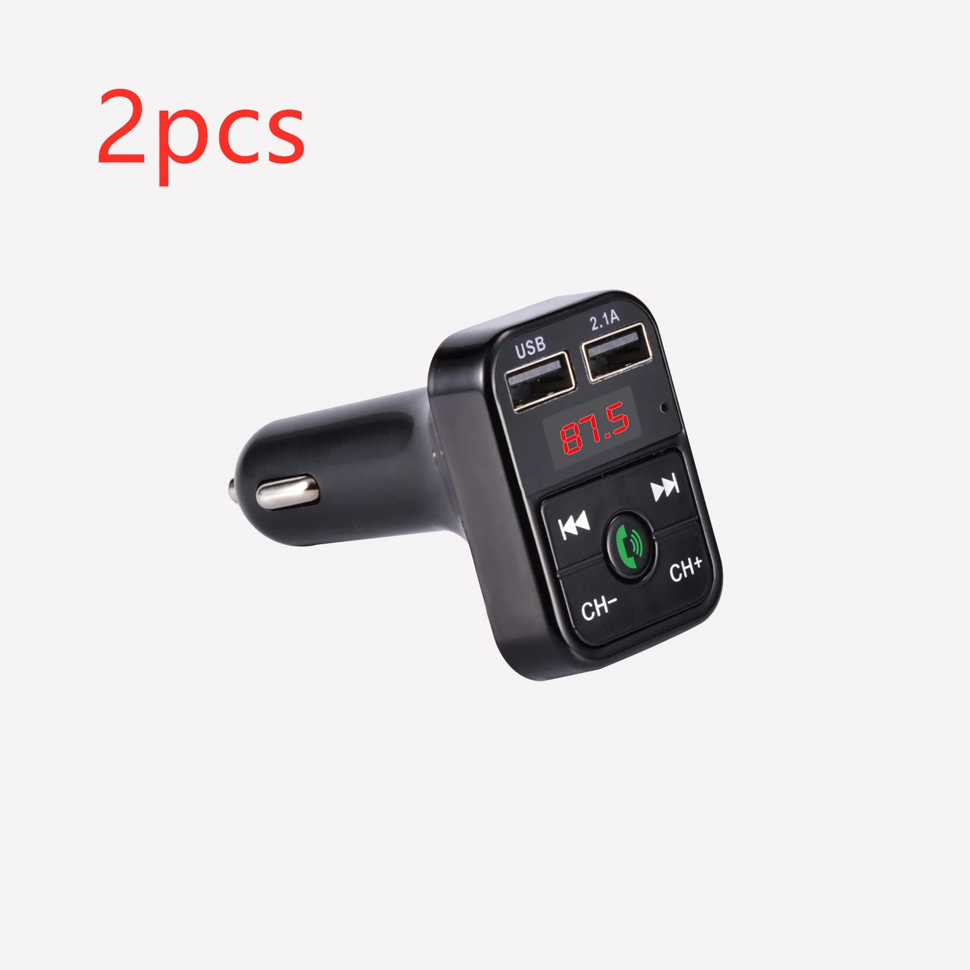 Black Bluetooth car MP3 player FM transmitter with USB charger plugging into cigarette lighter socket