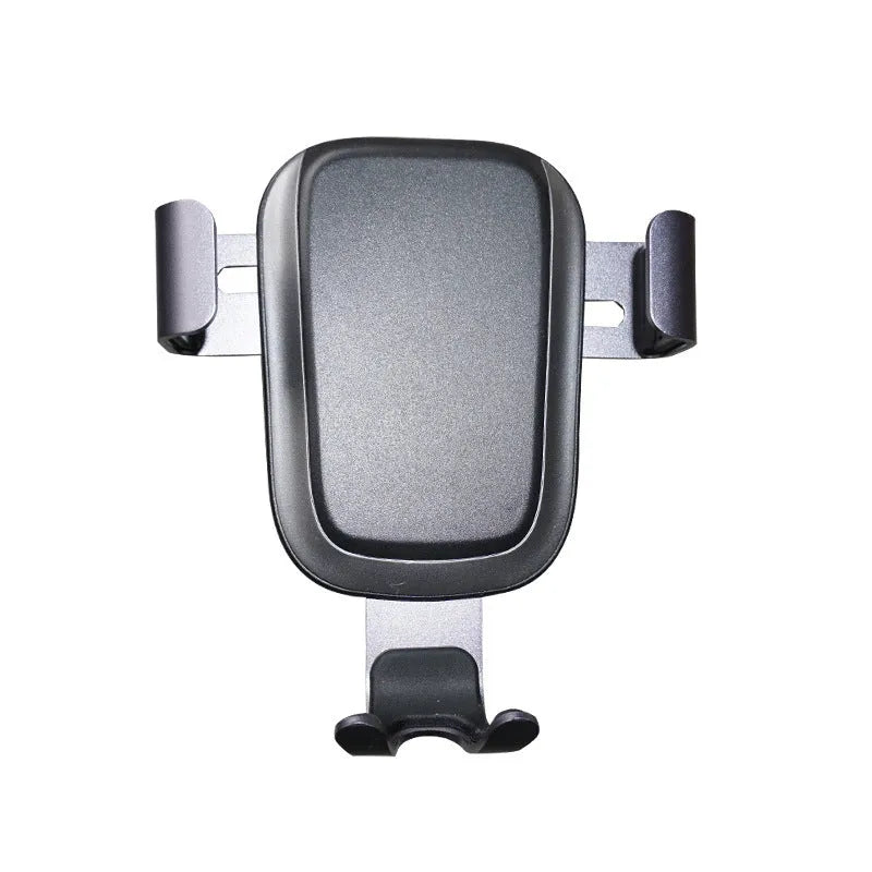 Black wireless car phone charger plugged into car dashboard with phone on charging pad, USB C port visible