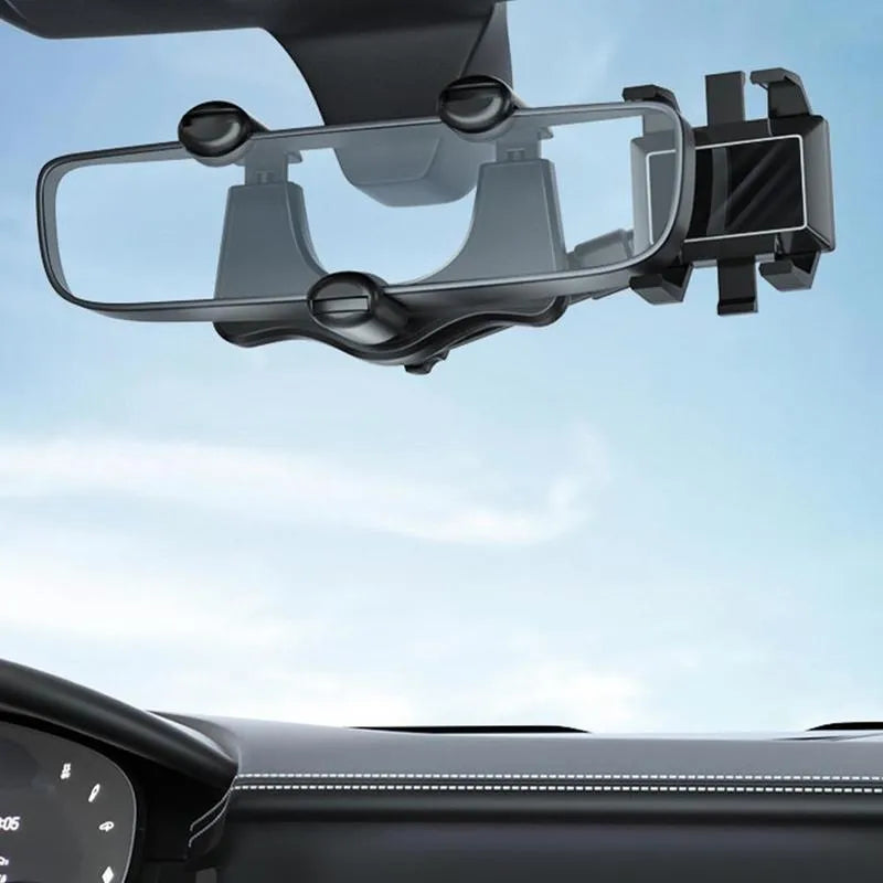 Black rearview mirror phone holder with 360° rotation and telescopic arm extended