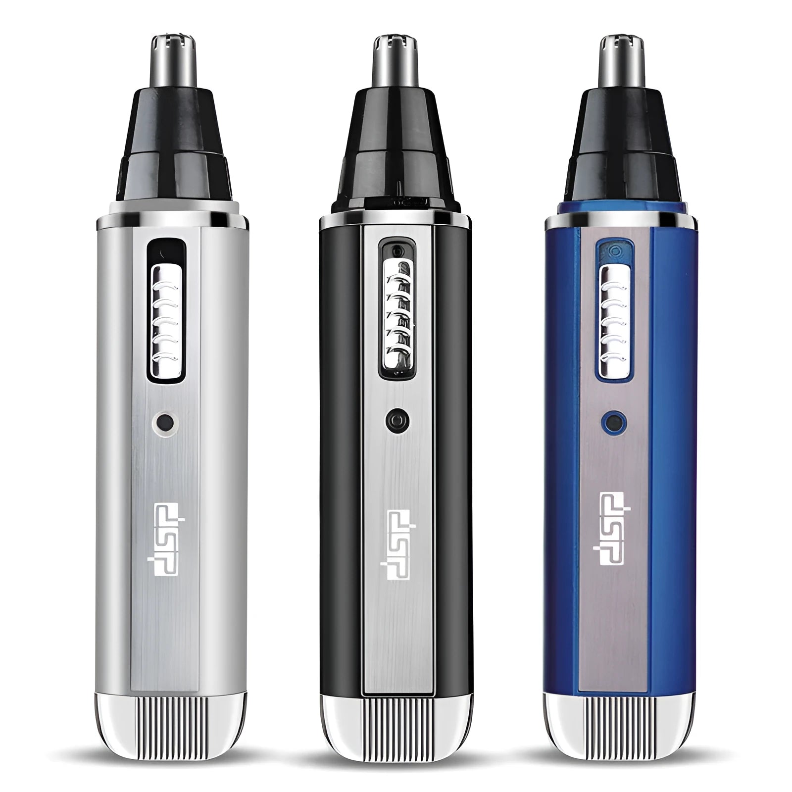 Blue, black, and silver electric shaver for trimming beard, sideburns, and nose hair.