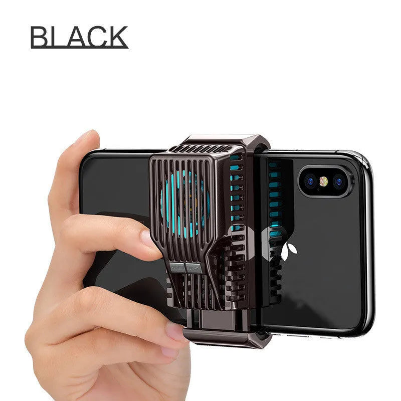 Black mobile phone radiator with clip for 4-7 inch devices showing aluminium cooling fins