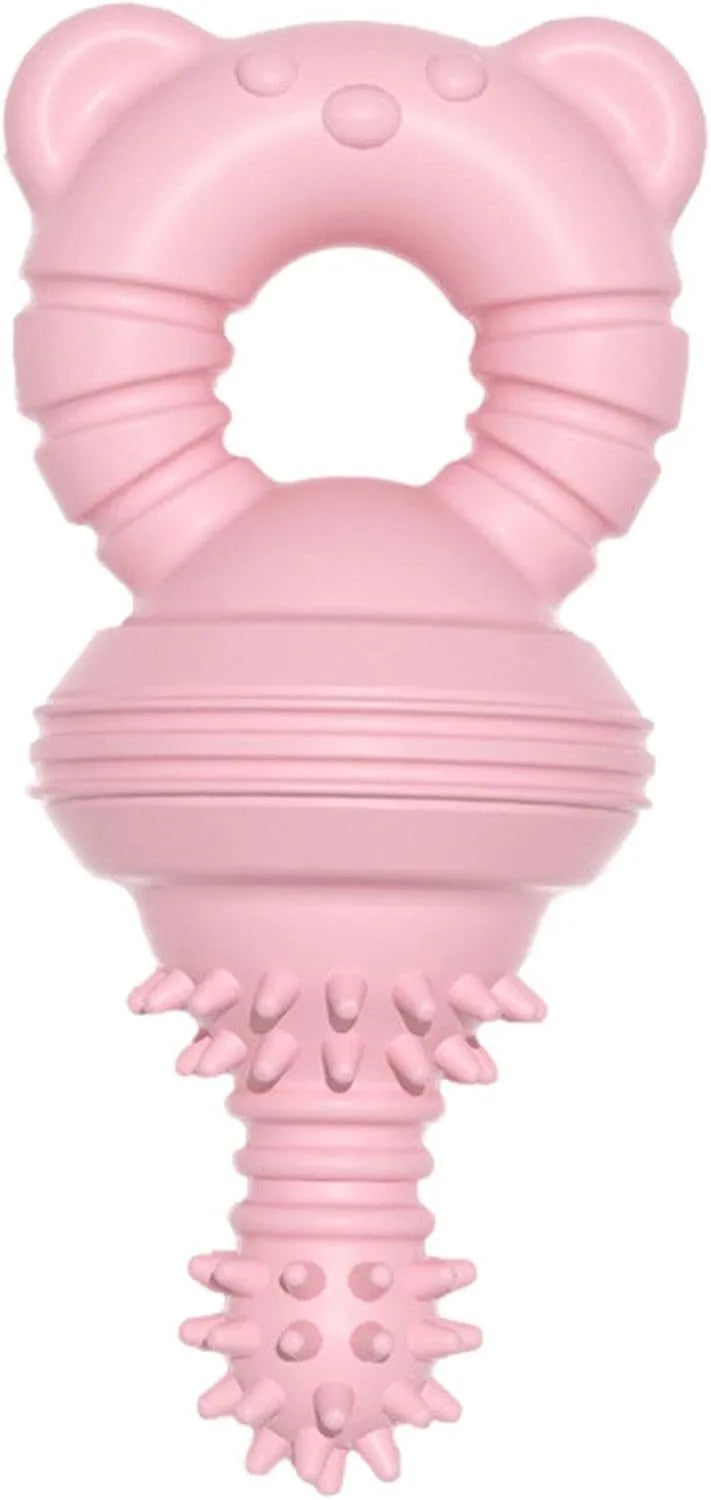 Blue green and pink rubber dog chew toy with textured surface and bell for aggressive chewers and large breeds.