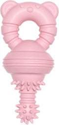 Blue green and pink rubber dog chew toy with textured surface and bell for aggressive chewers and large breeds.
