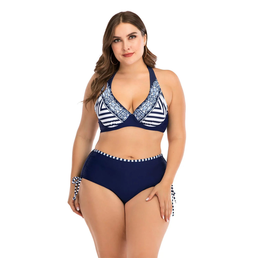 Plus size dark blue stripe bikini with high-elasticity nylon fabric and widening thickened straps