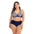 Plus size dark blue stripe bikini with high-elasticity nylon fabric and widening thickened straps